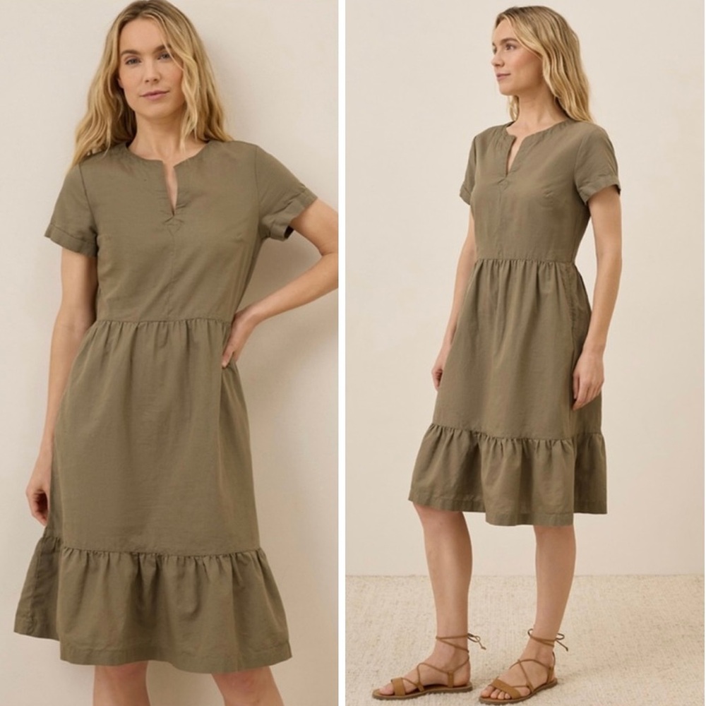 Pact Canopy Linen Blend Tiered Midi Dress Khaki Green Notch Neck XS NWOT - Picture 5 of 15